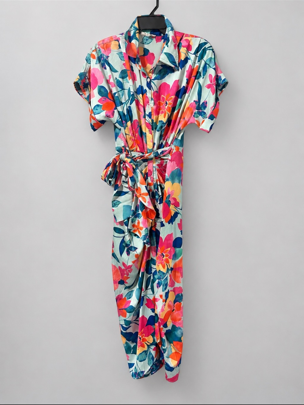 entro Floral Maxi Shirt Dress in Aqua, Pink & Coral